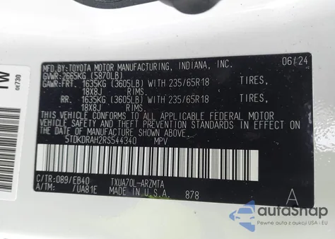 2024 Toyota Highlander Xle z USA, uszkodzony, nr VIN 5TDKDRAH2RS544340